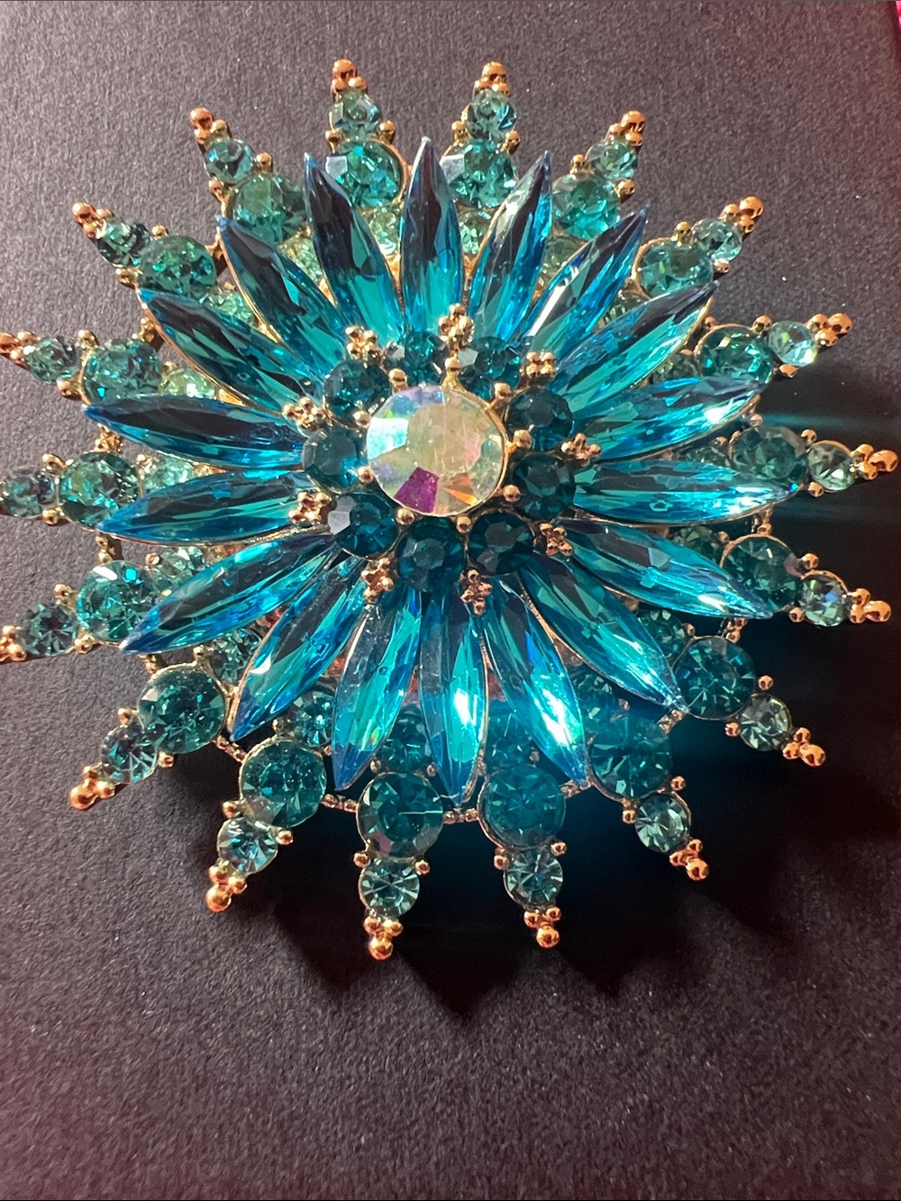 Vintage Style Sparkling Teal Crystal Starburst Brooch